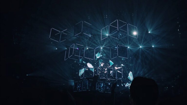 Illuminated glass boxes in a dark room