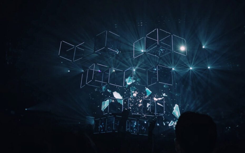 Illuminated glass boxes in a dark room