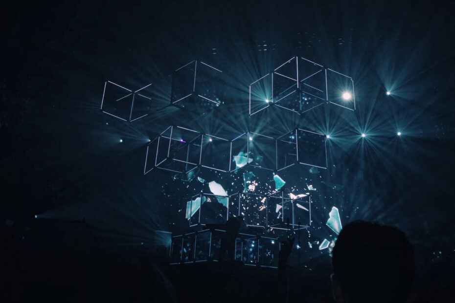 Illuminated glass boxes in a dark room